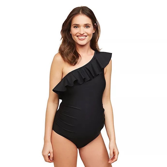 Motherhood Maternity Other - Motherhood Maternity Black Ruffle One-Shoulder One Piece Swimsuit Size XL